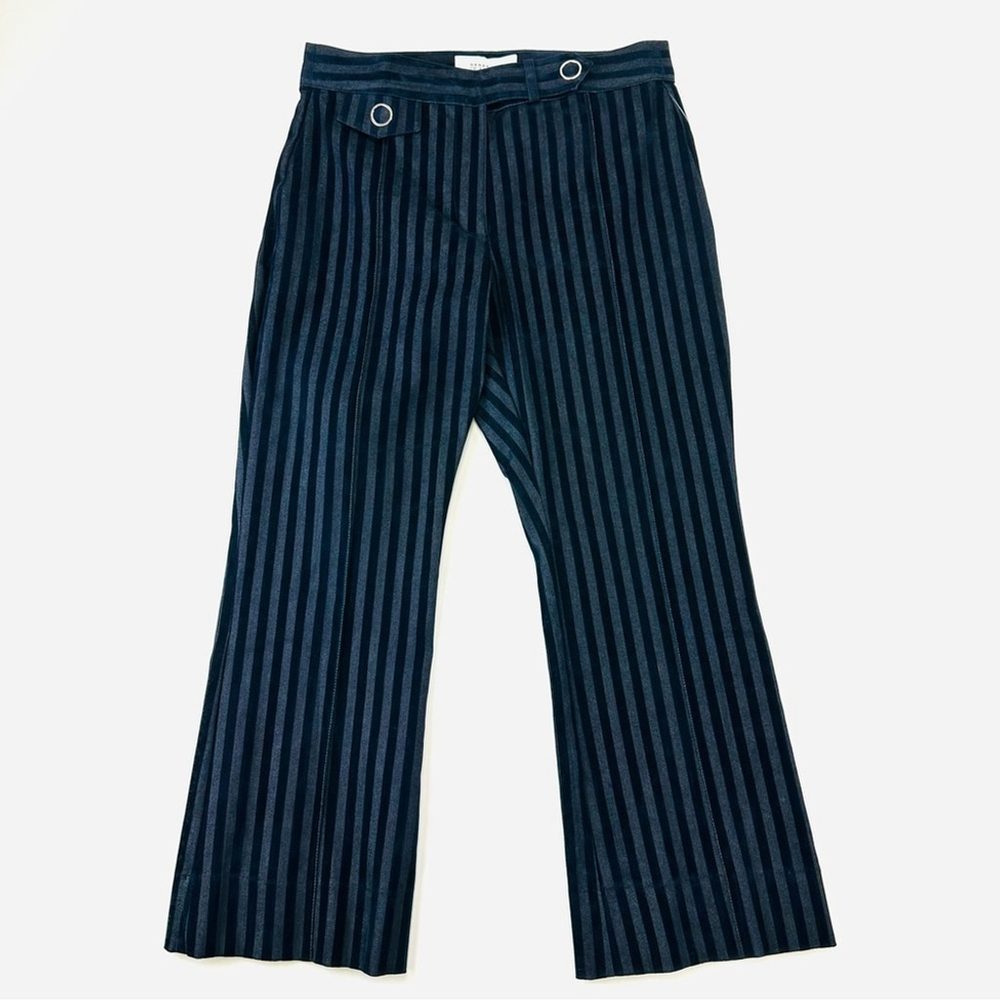 Derek Lam Navy Velvet Cotton Striped Crop kick Flare Trousers Sz 8